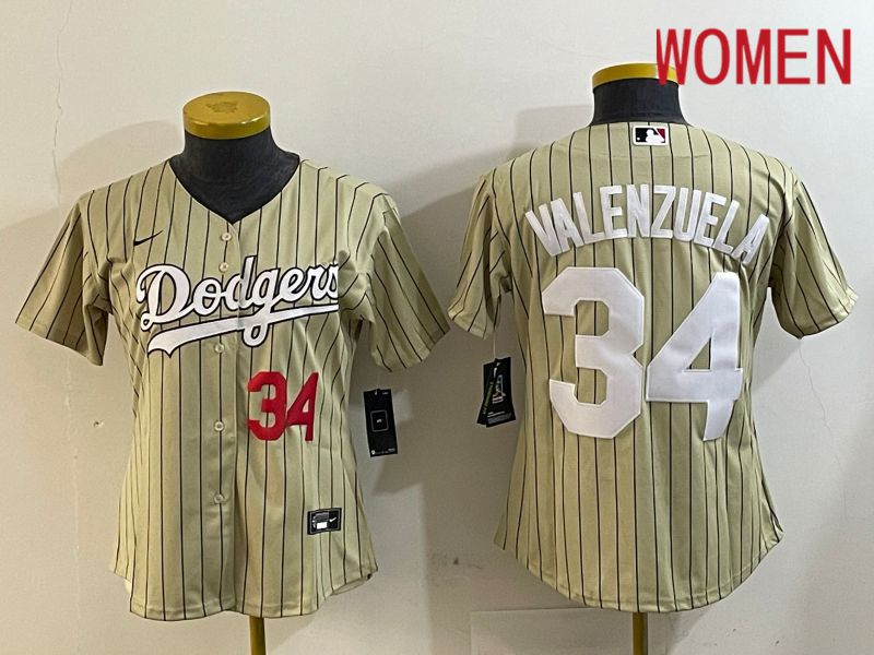 Women Los Angeles Dodgers #34 Valenzuela Green Stripe Game 2024 Nike MLB Jersey style 4